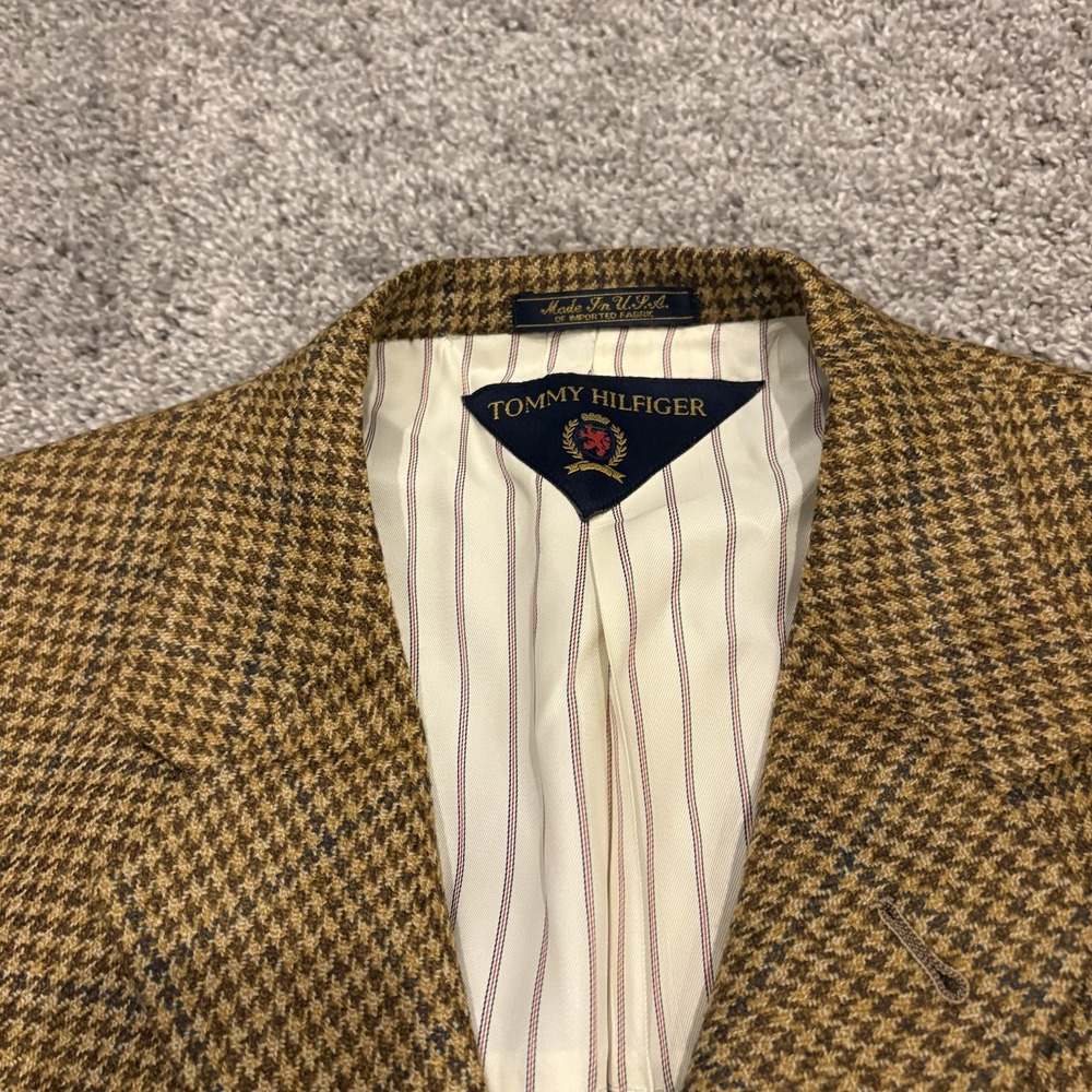 Vtg Tommy Hilfiger  Brown Wool Blazer Jacket 42R 3-Button USA 90s Houndstooth